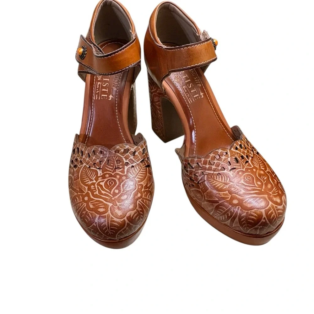 Spring Step Cognac Leather Platform Sandals with Carved Block Heel